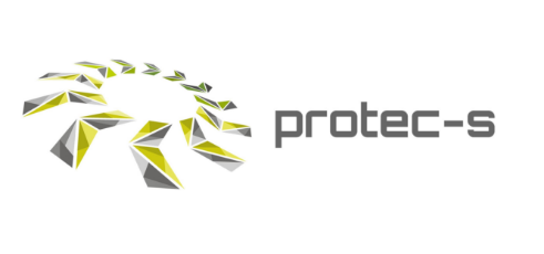 Logodesign mit einem stilisierten Schild aus grünen und grauen geometrischen Formen über dem grauen Text „protec-s“.